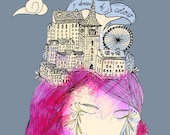 7x5 Giclee Art Print - Original Illustration of Girl With a City titled "I Dream of Colour"