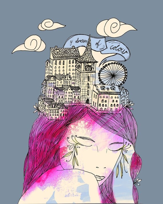 Original Drawing of Girl With a City- SailandSwan Original Drawing of Girl With a City- SailandSwan