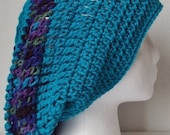 Striped Crochet Slouchy Beret/Hat - Adult Size Large - Peacock Colors