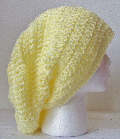 Crochet Slouchy Beret/Hat - Adult Size Large - Light Yellow Color