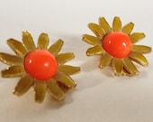 Vintage Metal Flower Earrings, Gold and Orange