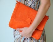 DUNE. Orange suede clutch / crossbody purse  / shoulder bag / large clutch.