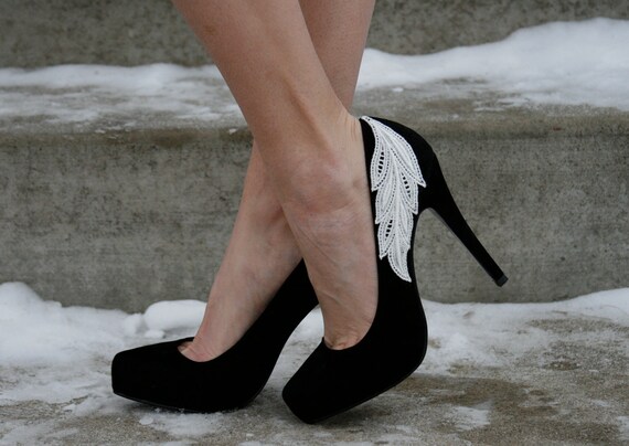 4th of July SALE - Black Heel With Lace Applique. Size 8