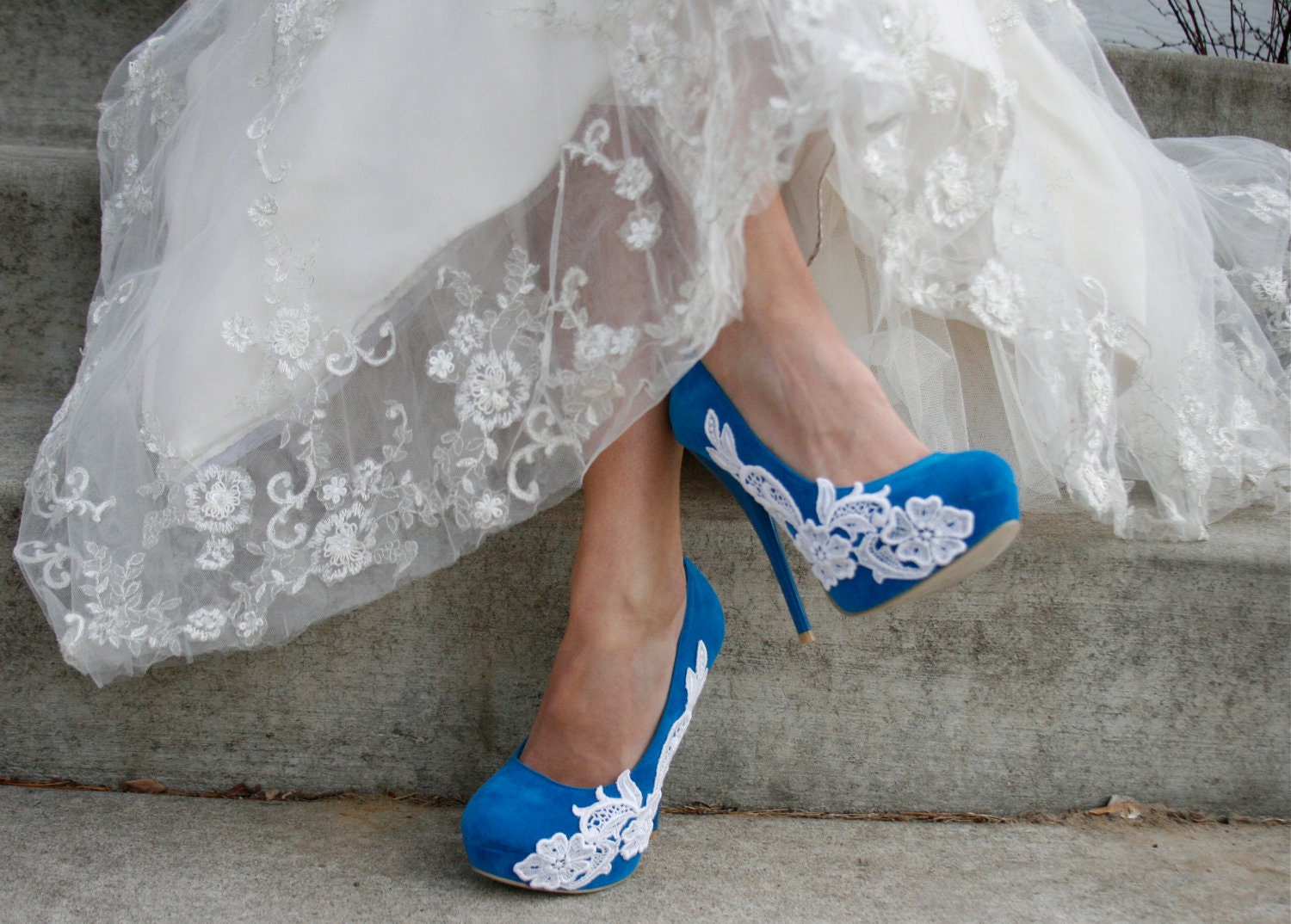 Turquoise Wedding Heel With Venise Lace Applique.