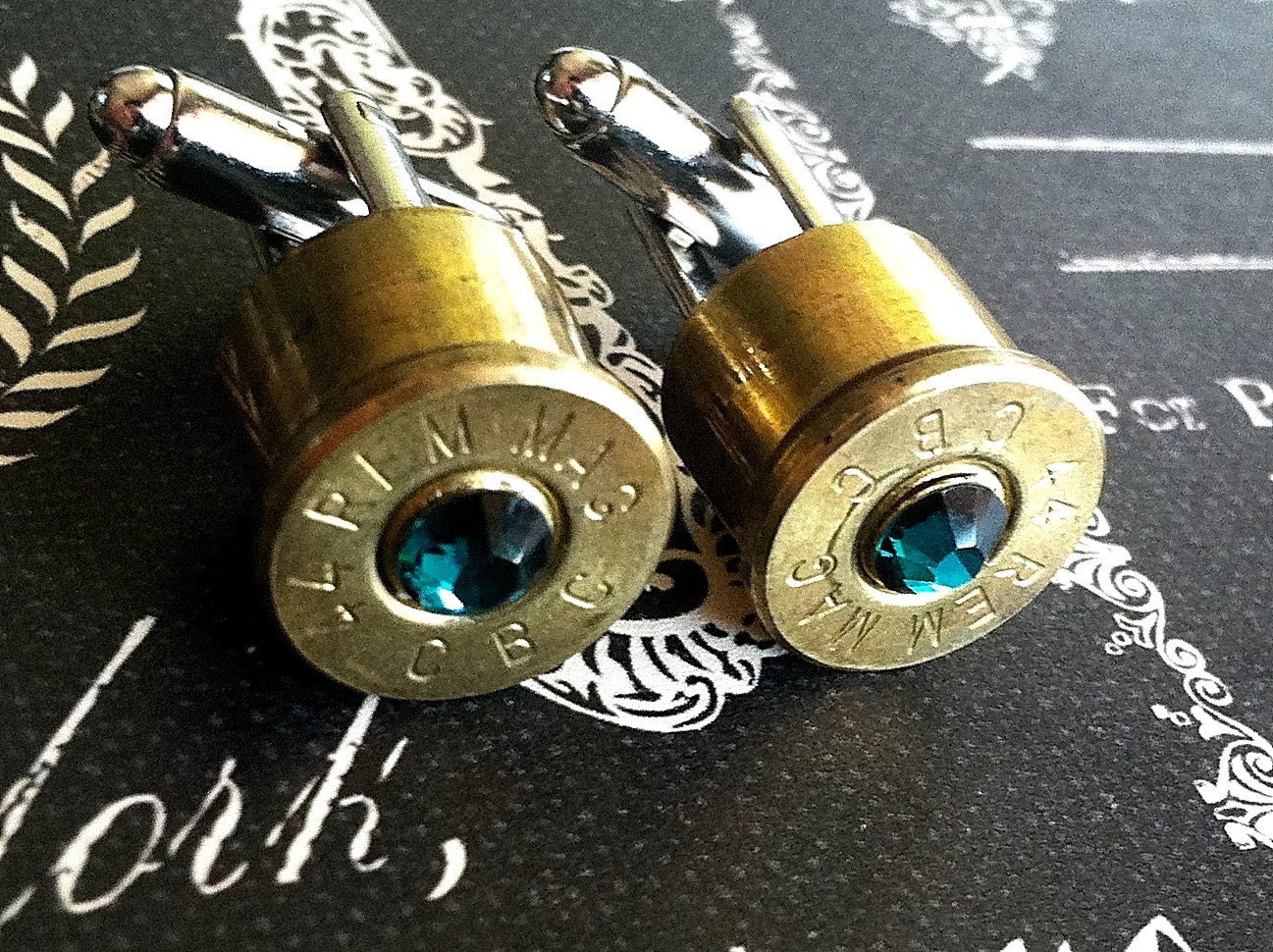 Bullet cufflinks Desert Eagle 44 MAG Green Swarovski crystal Emerald silver backings Magnum handgun cuff link gift wedding cuff links men