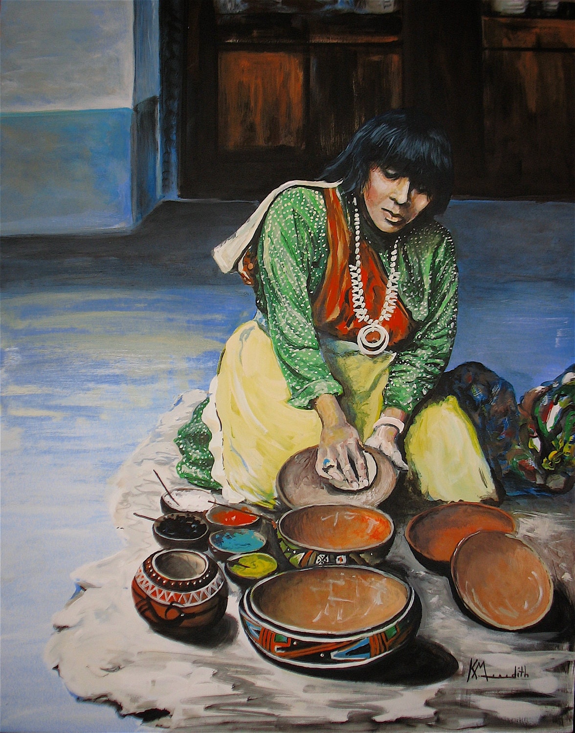 Pueblo Potter In Green, a print of an original painting