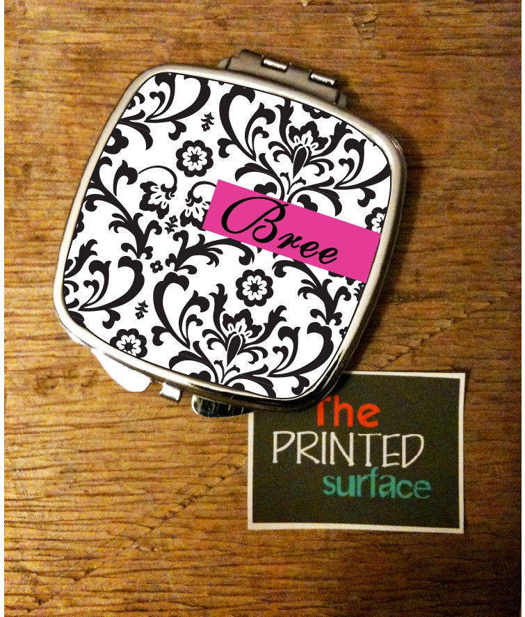 Personalized Mirror Compact - Original artwork black and white floral swirlsw/ fuschia - Valentines Day GIFT birthday gift