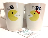 Latte mug couple set of 2 mugs- "Mr. Pacman and Mrs. Pacman" mug set perfect couple gift wedding gift, housewarming Gift yellow red black