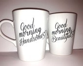 Latte mug couple set of 2 romantic couple mug set- "Beautiful and Handsome" set perfect couple gift wedding gift, housewarming Gift