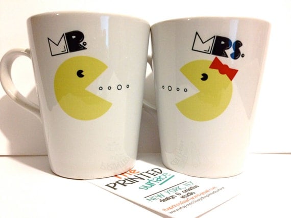 Latte mug couple set of 2 mugs- "Mr. Pacman and Mrs. Pacman" mug set perfect couple gift wedding gift, housewarming Gift yellow red black