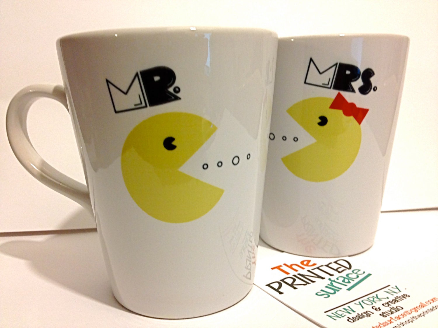 Latte mug couple set of 2 mugs- "Mr. Pacman and Mrs. Pacman" mug set perfect couple gift wedding gift, housewarming Gift yellow red black