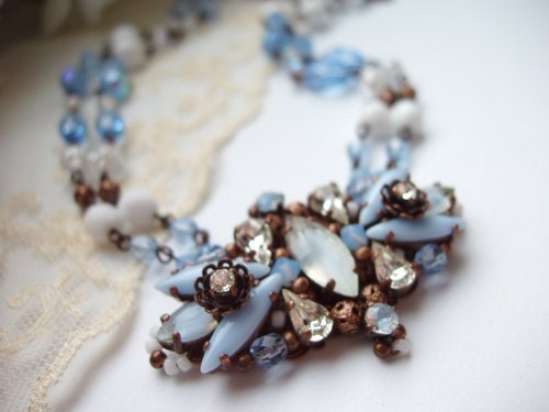 Faux Diamond Necklace with Beads and Rhinestones Pastel Blue Necklace Assembled Centerpiece with Vintage Glass Rhinestones