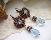 Long Rhinestone Dangle Earrings Leverback Style in Antique Copper Filligree Filigree Vintage Light Blue Earrings