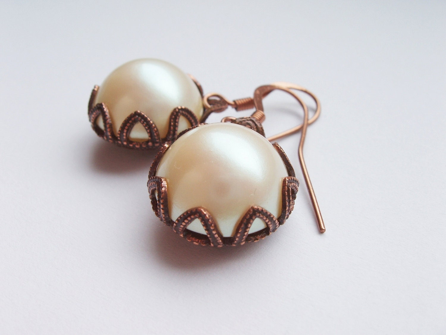 Bridal Pearl Earrings in Antique Copper Filigree Setting Cabochon Wedding Bride Jewelry