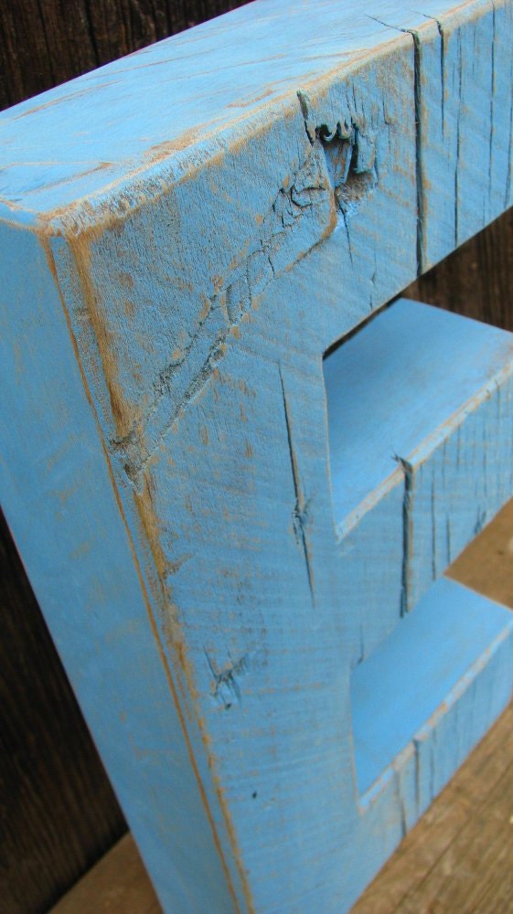 Large Painted Distressed Wooden Letter, Shabby Chic, Salvaged Barn Wood Letter, Sky Blue, Nursery Alphabet Letter E
