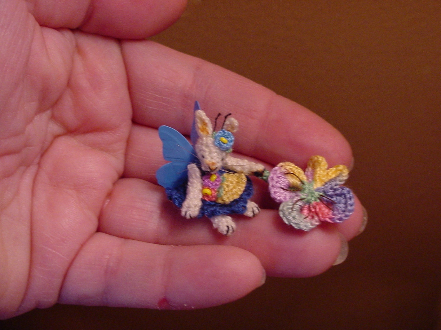 Original FAIRY BUNNY in Dress-1"bear artist Miniature(Thread)Doll house dh-OOAK