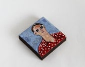Original acrylic portrait of a woman on tiny canvas, made with artist's paint (1,9'' x 1,9'')
