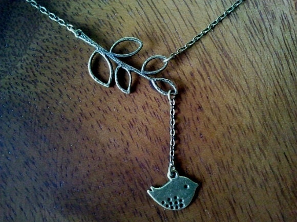 Lariat Antiqued Vintage Bronze Bird and Branch Silver Necklace, -Best Friends Gift, Modern, Everyday Jewelry