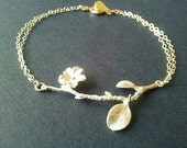 Flower with branch Gold Bracelet - Bangle Bracelet,Friendship bracelet, Charm Bracelet, wedding bracelet, brides maid gifts