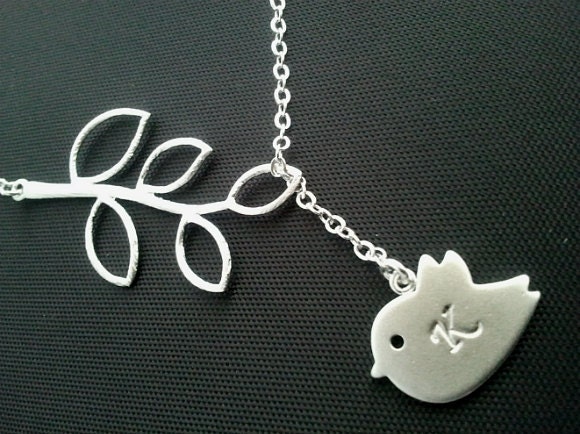 PERSONALIZED INITIAL Bird with Branch Silver Lariat Necklace - bridesmaid gifts,Wedding jewelry,mother's day gift