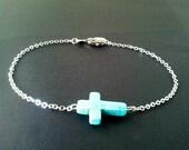 Turquoise Cross in Sterling Silver  beaded Bracelet - SILVER OR GOLD, Bangle Bracelet,Friendship bracelet, Charm Bracelet, wedding bracelet