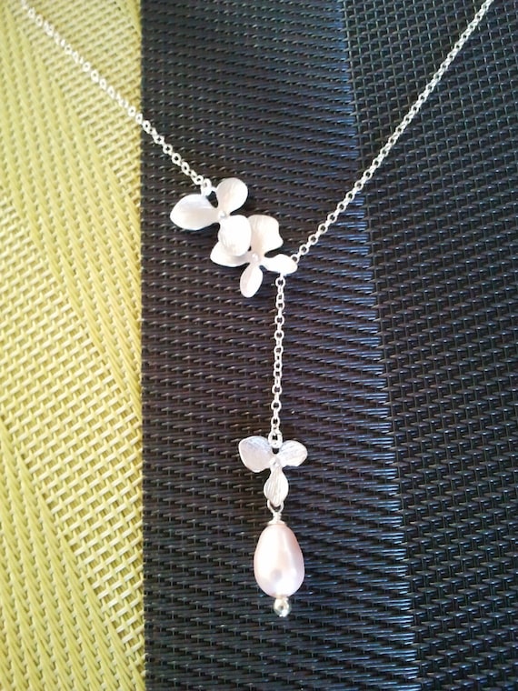 Dangling Triple Orchids Flowers Lariat Necklace - orchid pendant,bridesmaid gifts,Wedding jewelry, mother's day gift