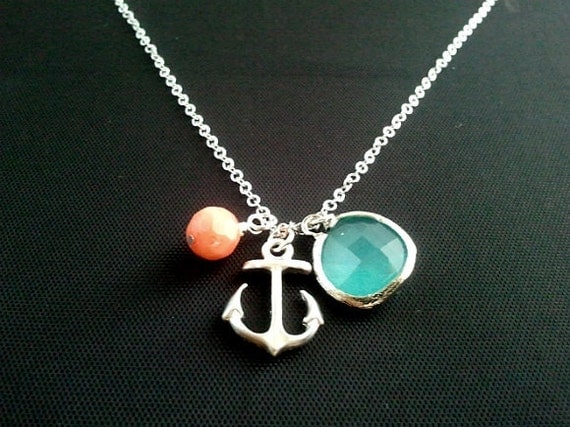 Anchor pendant, Necklace, coral, mint glass ,anchor charm, pendant, lariat, wedding, necklace, mother's day gift