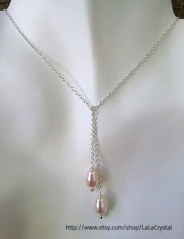 Light Pink Pearl Lariat Necklace in Sterling Silver - brides maid gifts,Wedding jewelry
