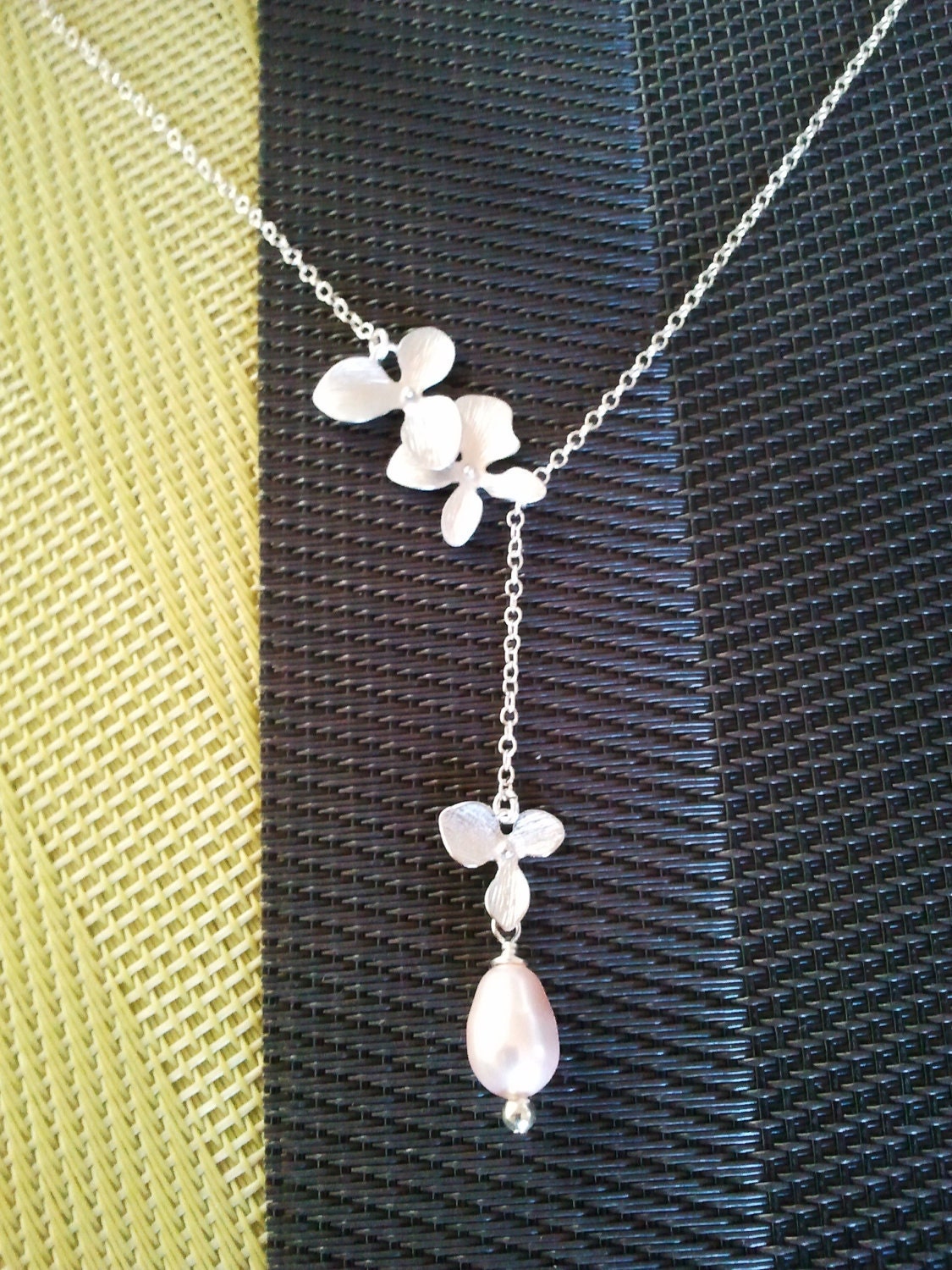 Dangling Triple Orchids Flowers Lariat Necklace - orchid pendant,bridesmaid gifts,Wedding jewelry, mother's day gift