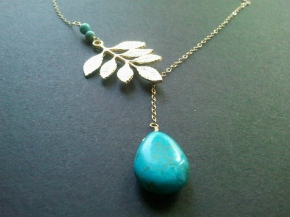 Lariat Multi Leaves with Turquoise Gold Lariat Necklace, Mother's day gift, bridal gift, wedding jewerly