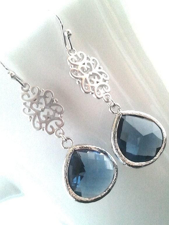 Oriental Montana Silver Drop Earrings, Dangle earrings, Gemstone, wedding Earrings -Sapphire Blue