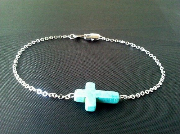 Turquoise Cross in Sterling Silver beaded Bracelet - SILVER OR GOLD, Bangle Bracelet,Friendship bracelet, Charm Bracelet, wedding bracelet