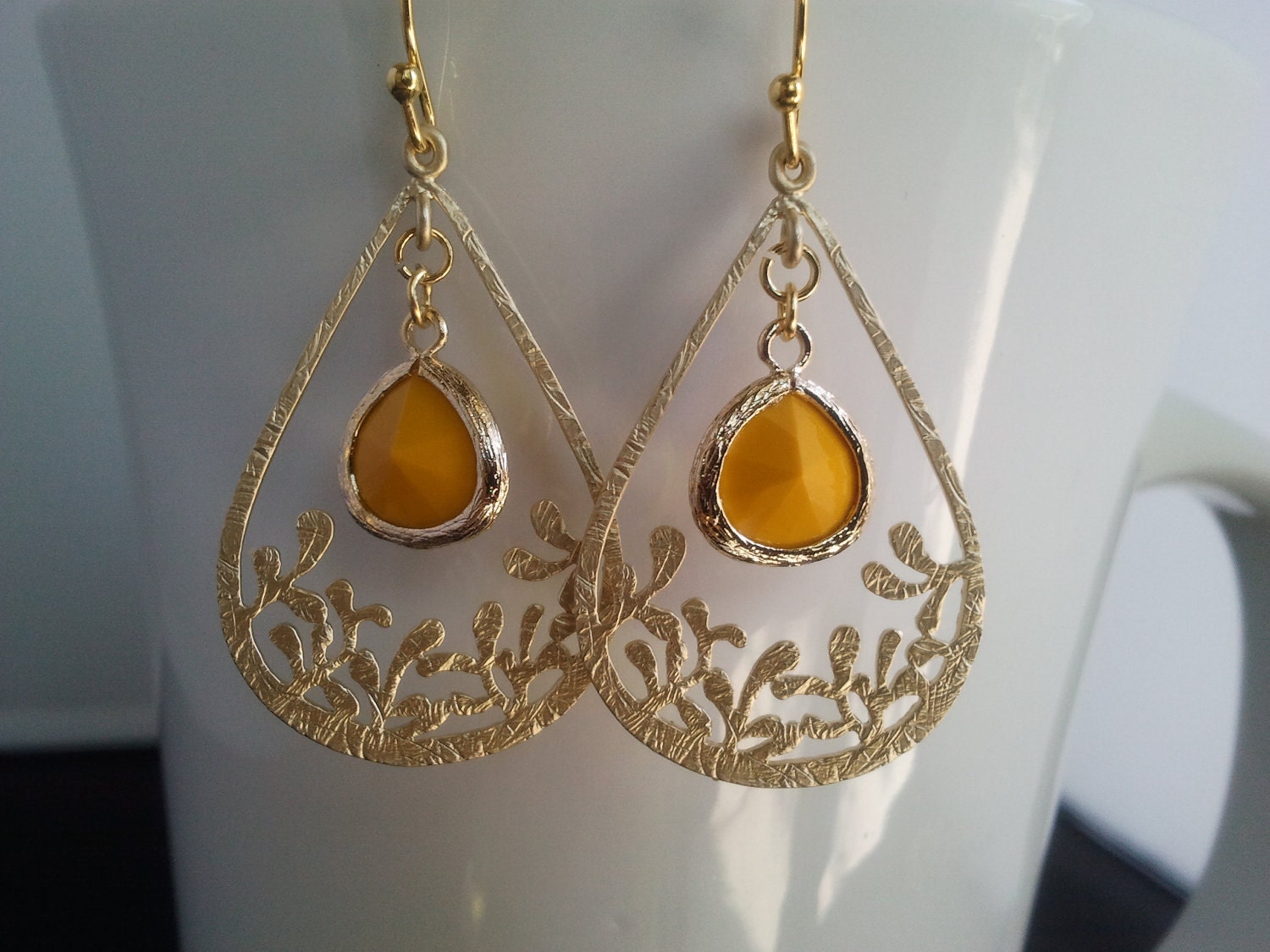Spring Collection Yellow Flower Garden Gold dangle Earrings -Drop, Dangle, Glass Earrings, bridesmaid gifts,Wedding jewelry