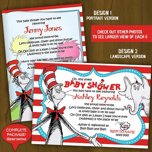 Dr Seuss BABY SHOWER invitation - Dr. Seuss Baby Shower Printable Invitation - with Cat in the Hat, Thing 1 and Thing 2, Horton and Lorax