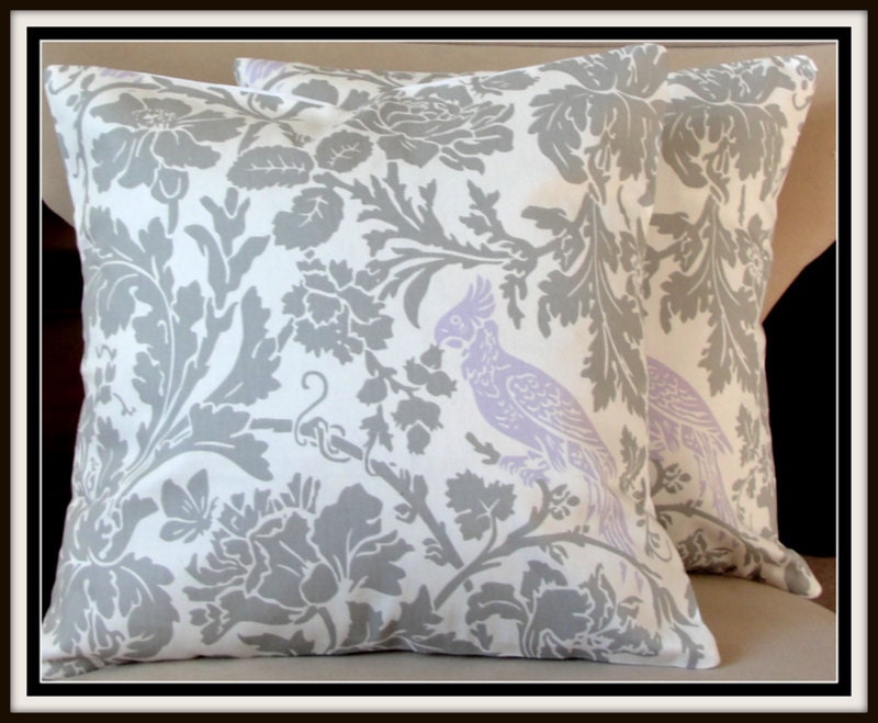 New 18x18 inch Floral with Birdie Accent in Gray and Purple SET OF TWO