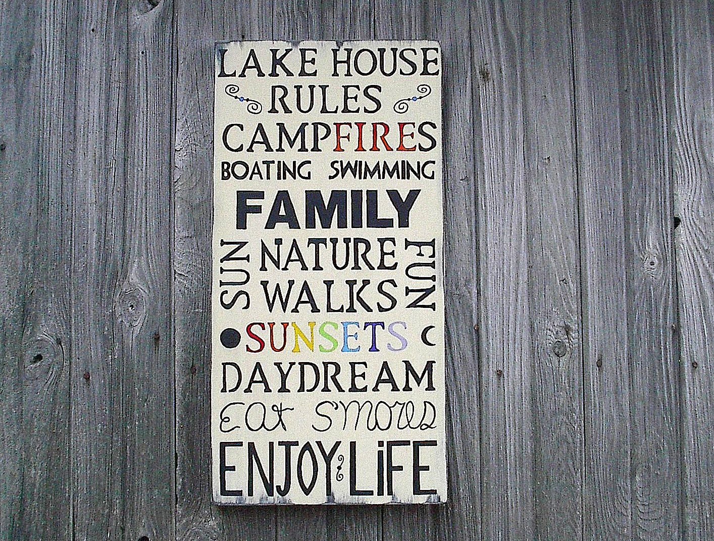 Lake House Rules Typography Word Art 12 by 24 Wood Signs Distressed