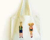 Tote Bag Illustrated Cotton White Giraffe Boy&Elephant Girl