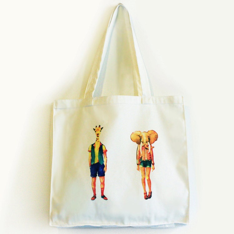 Tote Bag Illustrated Cotton White Giraffe Boy&Elephant Girl