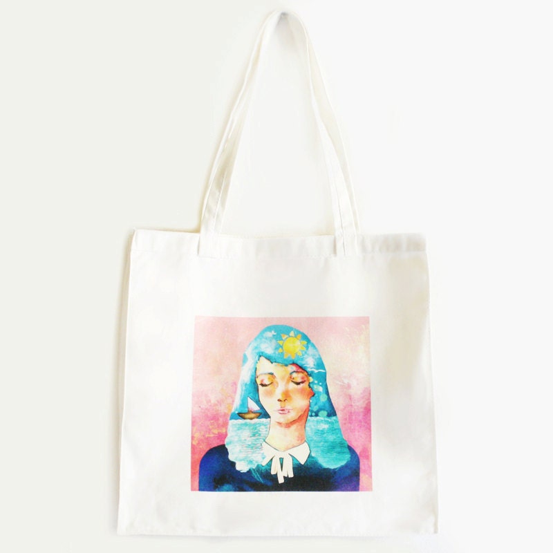 Custom Tote Bag Illustrated White BABY BLUE