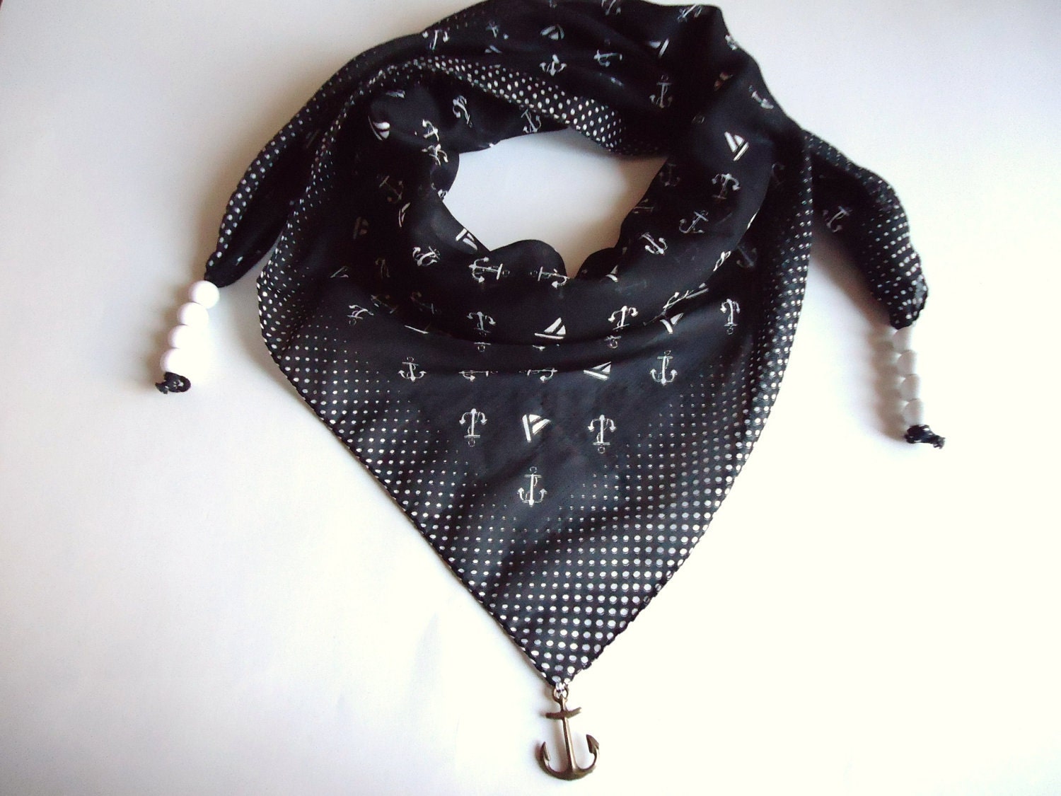 Black  Anchor - Nautical Scarf, Cotton Scarf, Black
