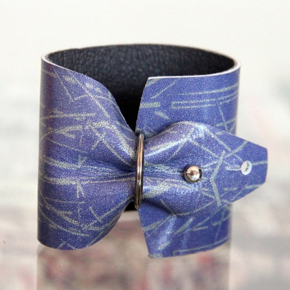 ON SALE: Leather Cuff - Grey and Blue Leather Print