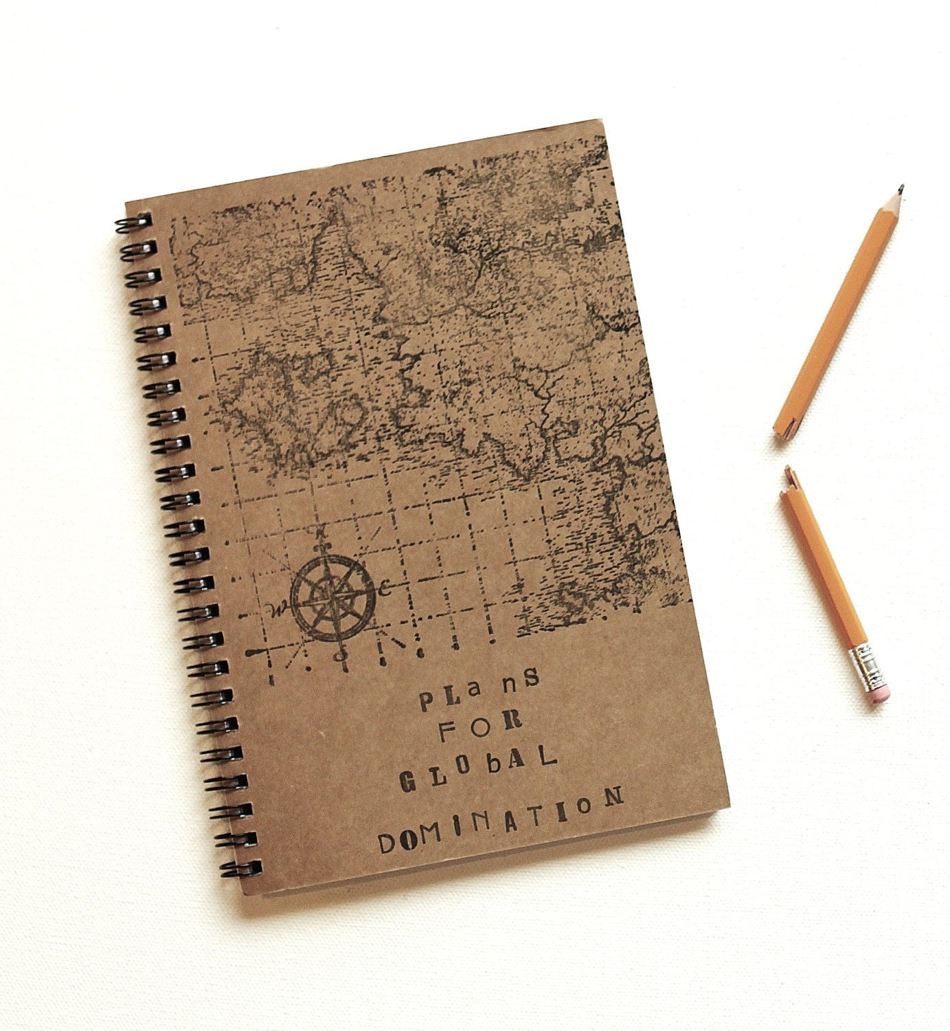 Plans For Global Domination Hand Stamped Spiral Notebook Journal
