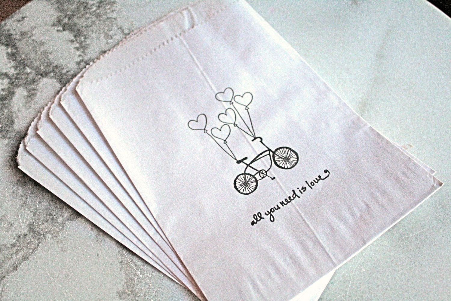 Candy buffet bags, 50 wedding candy buffet bags, candy station bags, cake bags.  Bike with balloons, All You Need Is Love.