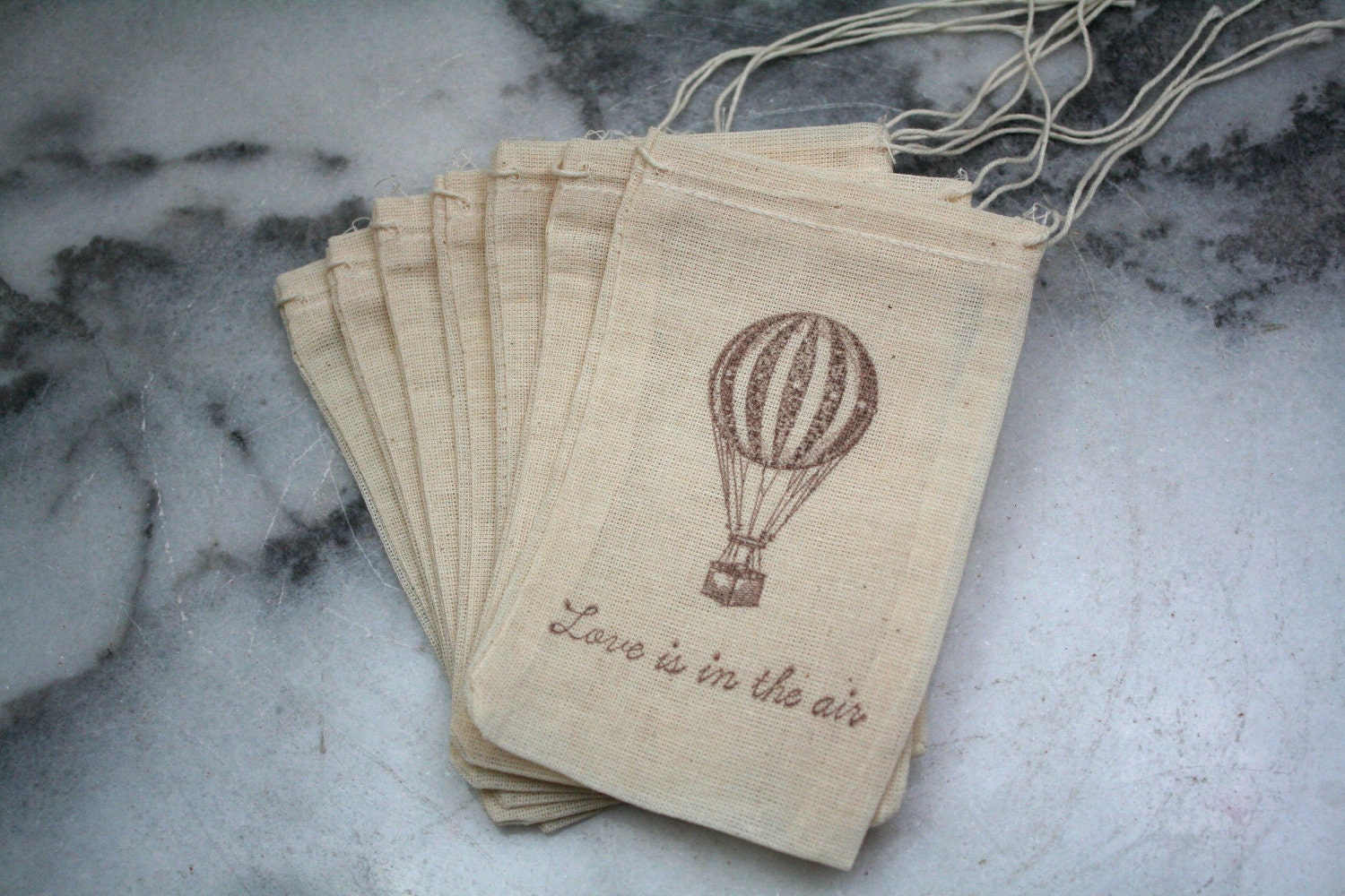 Wedding favor bags, muslin, 3x5. Set of 50. Hot air balloon and "Love is in the air" in brown on natural white cotton.