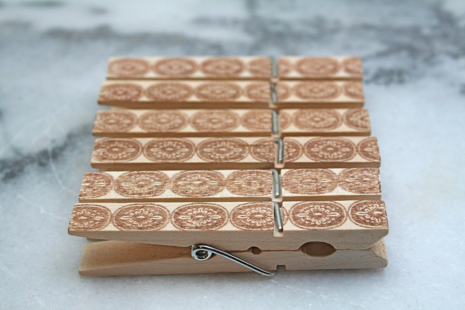 Printed clothespins, 25, floral cameo in sepia brown.  Perfect wedding display for photos, seating cards, guest book alternative.