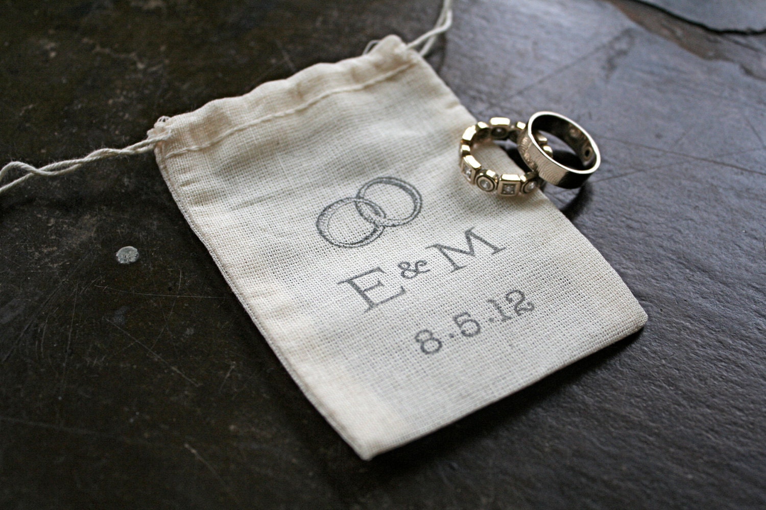 Personalized wedding ring bag.  Rustic muslin ring bag. ring bearer accessory.  2x4 muslin bags custom initials and wedding date.