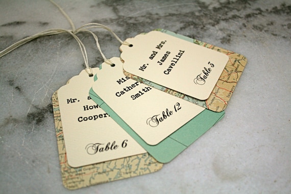 Wedding escort card, seating card.  Unique layered escort cards made from vintage atlas pages.  Custom printed.
