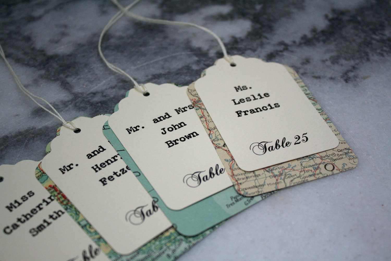 Wedding escort card, seating card.  Unique layered escort cards made from vintage atlas pages.  Custom printed.