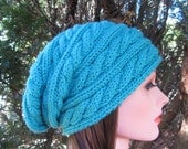 Aqua Blue Hand Knit Hat, Slouchy Hat in Aqua Blue, Blue Hat