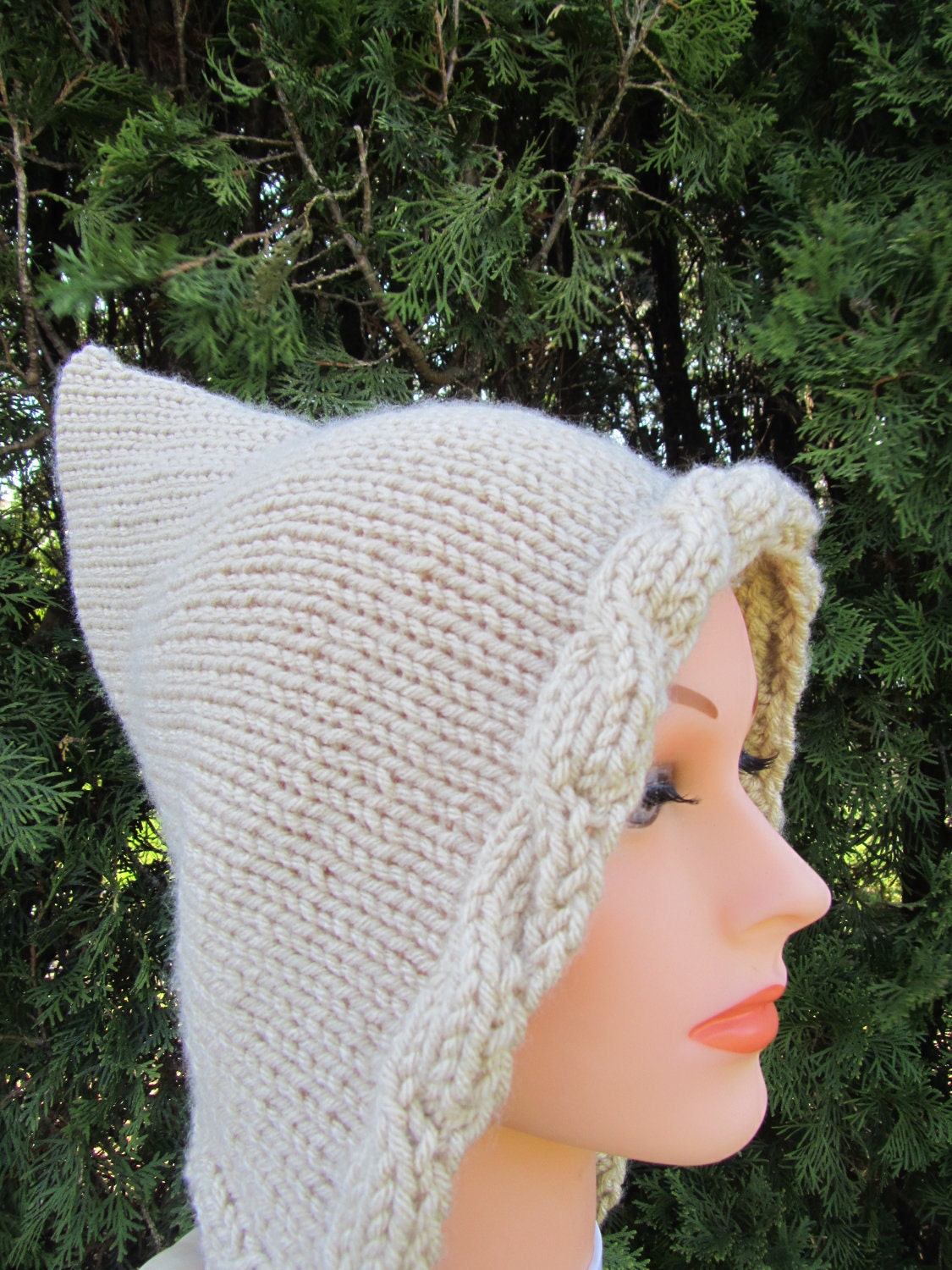Pixie Knitted Hat, Hand Knit Hat, Gnome Hat, Elf Hat in Wheat, Lace, Tan